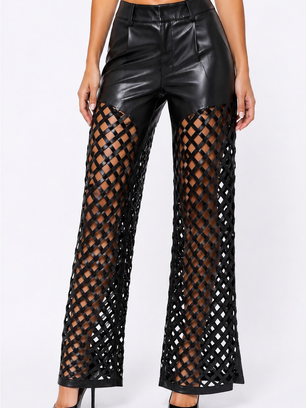 AKIRA Black Faux Leather Lattice Cutout Wide Leg Pants NWT Small